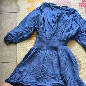 Blue Smocked Waist Long Sleeve Dress